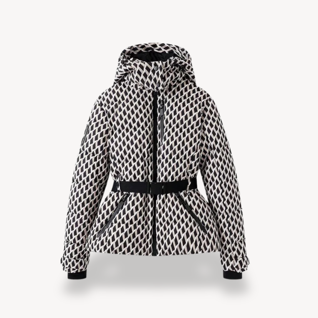 Malvina hooded belted puffer jacket in Geometric