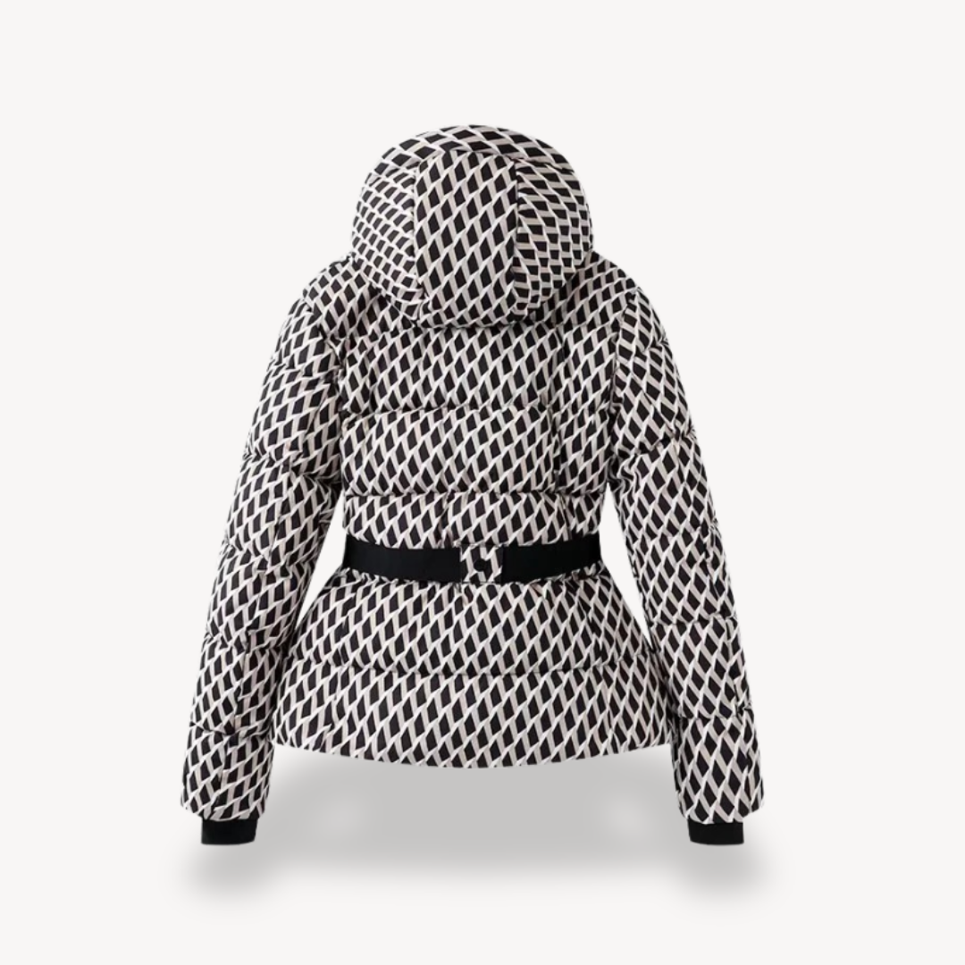 Malvina hooded belted puffer jacket detail view two