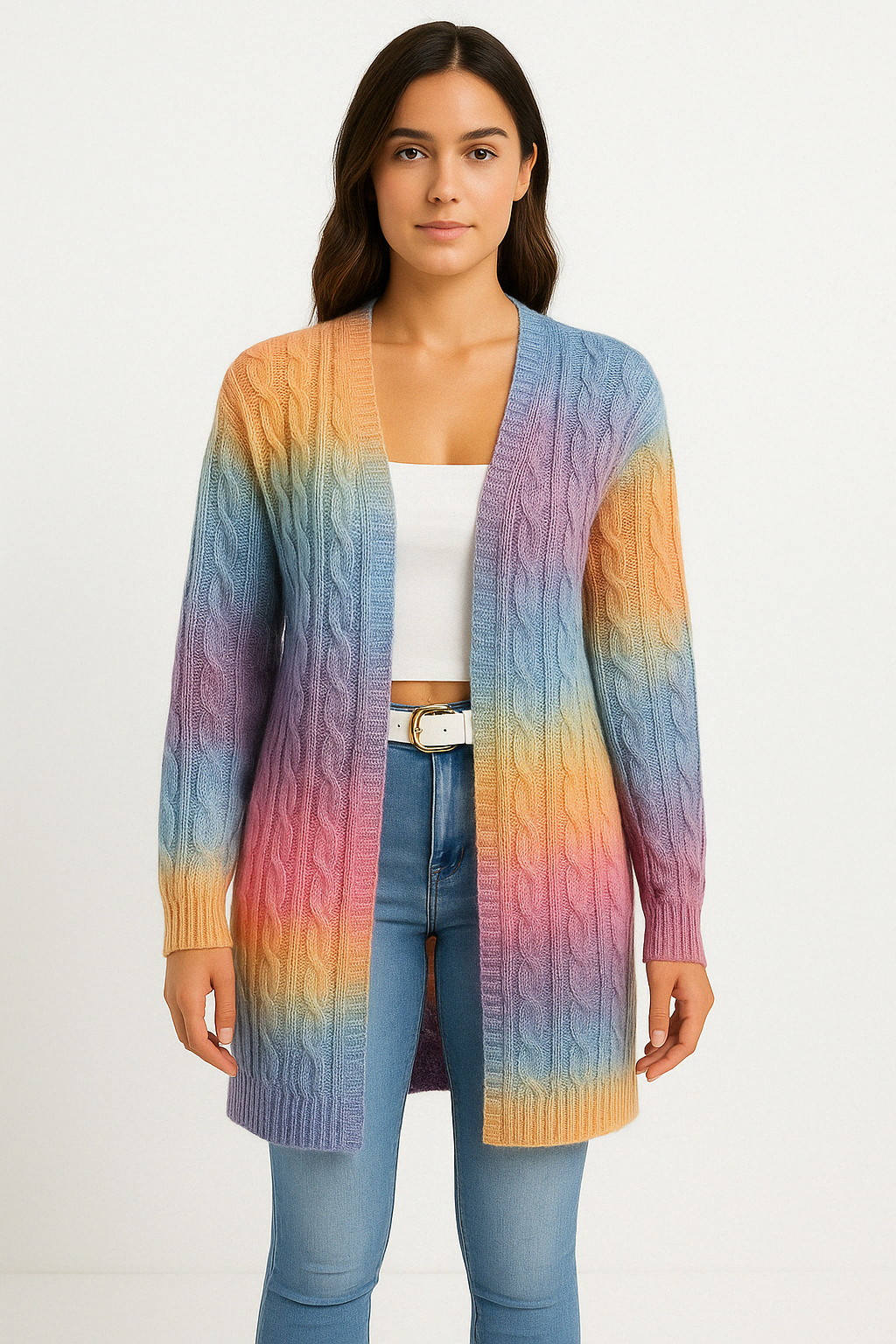 Benedetta long cable knit cardigan in Blue
