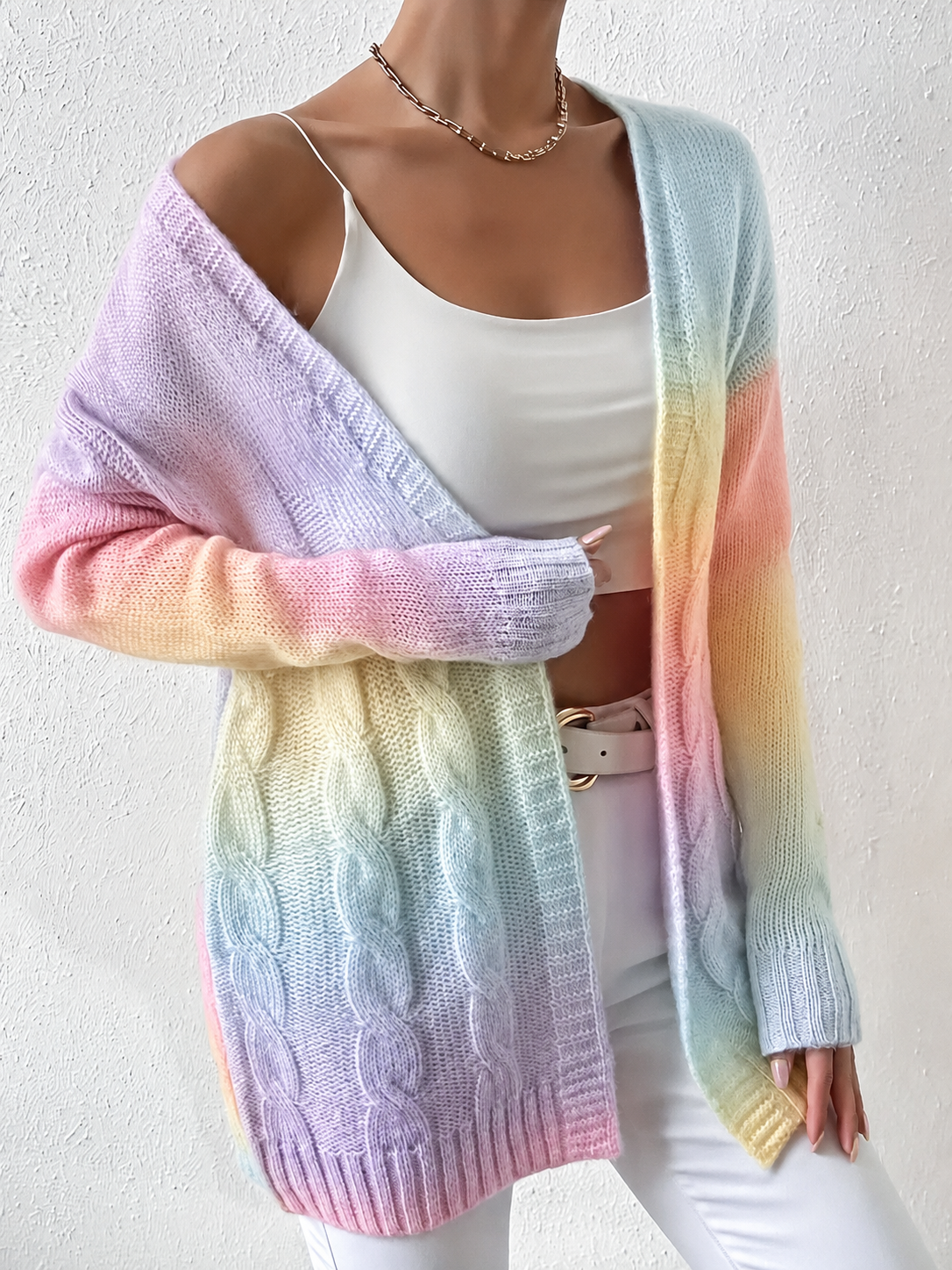 Benedetta long cable knit cardigan in Light Purple