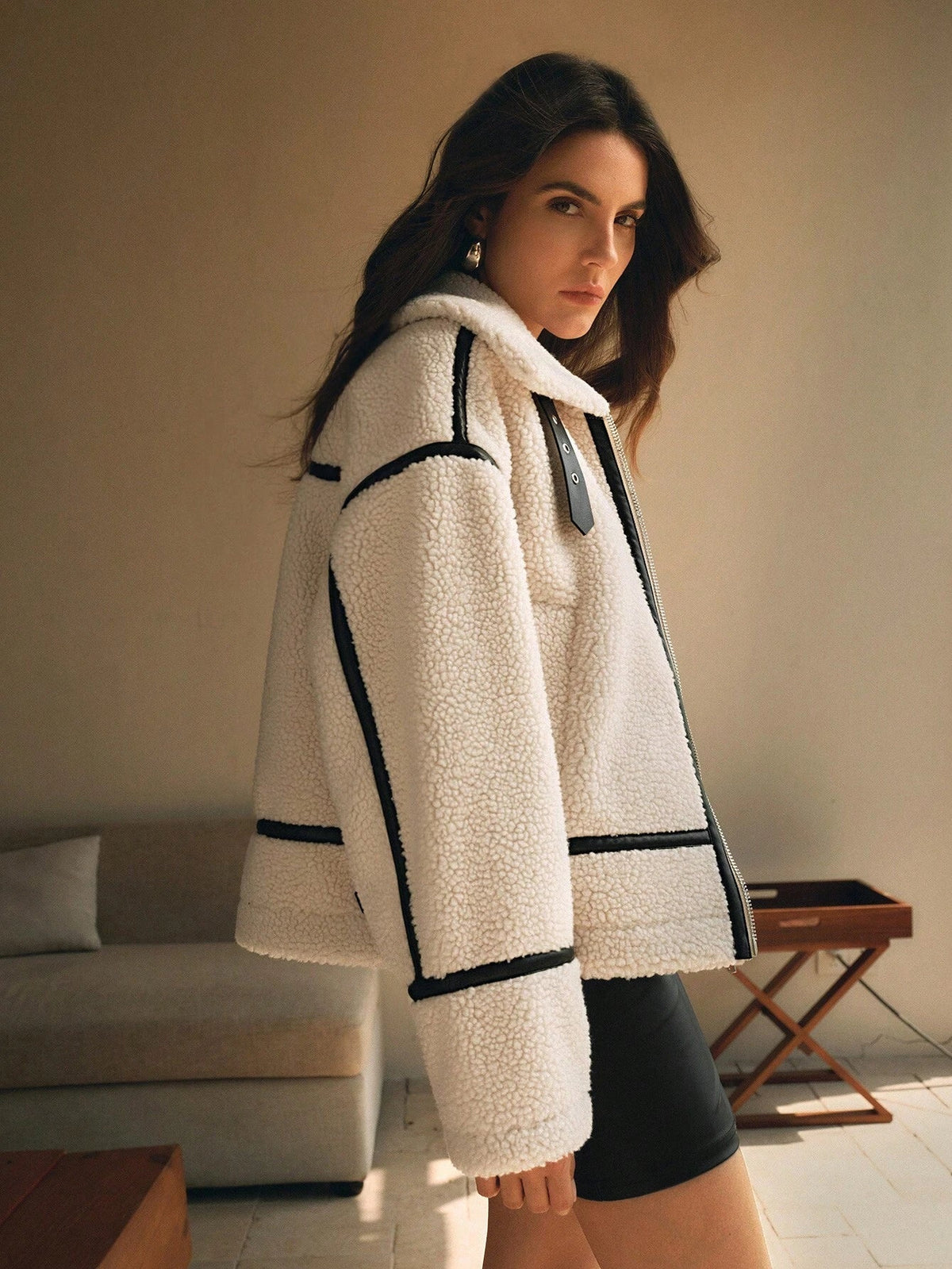 Frederica sherpa coat front zip detail