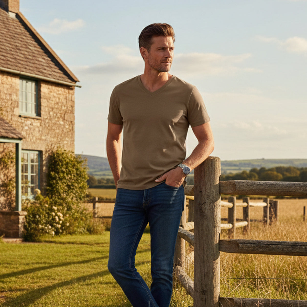 Leo | Men's V Neck Slim Fit Cotton T-Shirt