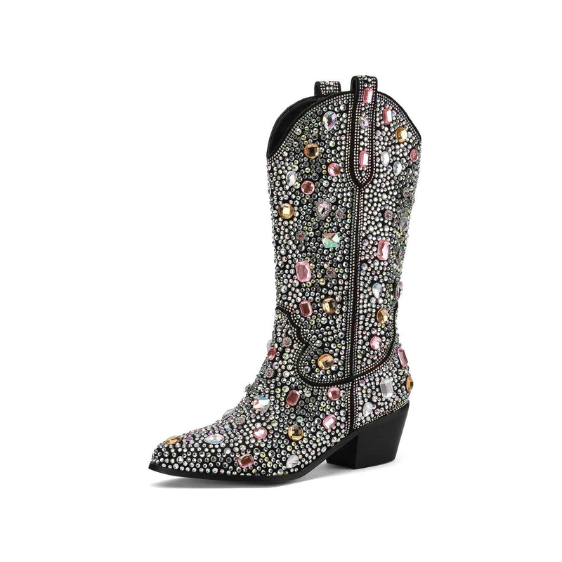 Simonetta | Women's Black Rhinestone Mid Calf Cowboy Boots
