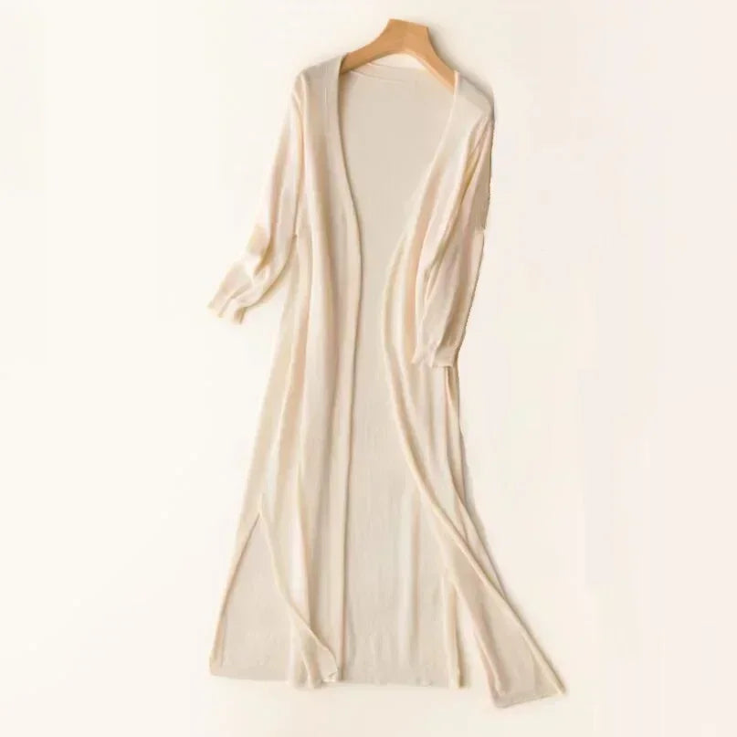 Galatea long duster cardigan layered styling view