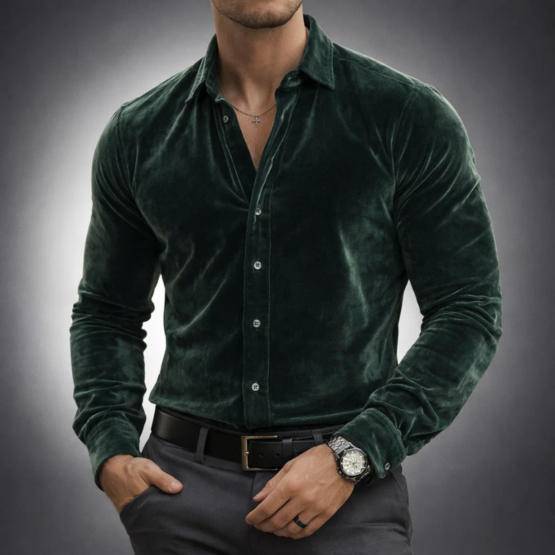 Fitzroy men's velvet button-up shirt in Deep Green