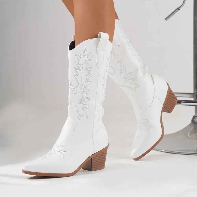 Salome | Women's Embroidered Mid-Calf Cowboy Boots Black and White