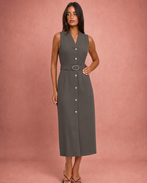 Violet | V-Neck Button-Front D-Ring Belt Sleeveless Midi Shirt Dress