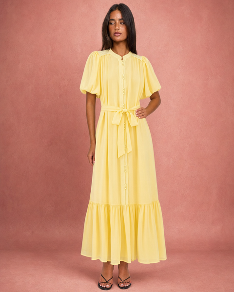 Imogen | Round Neck Puff Sleeve Tie-Waist Tiered Maxi Dress