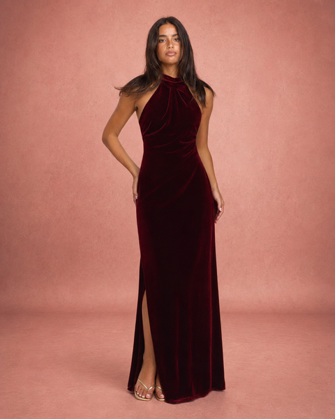 Jessica | Velvet Halter Neck Bodycon Maxi Dress