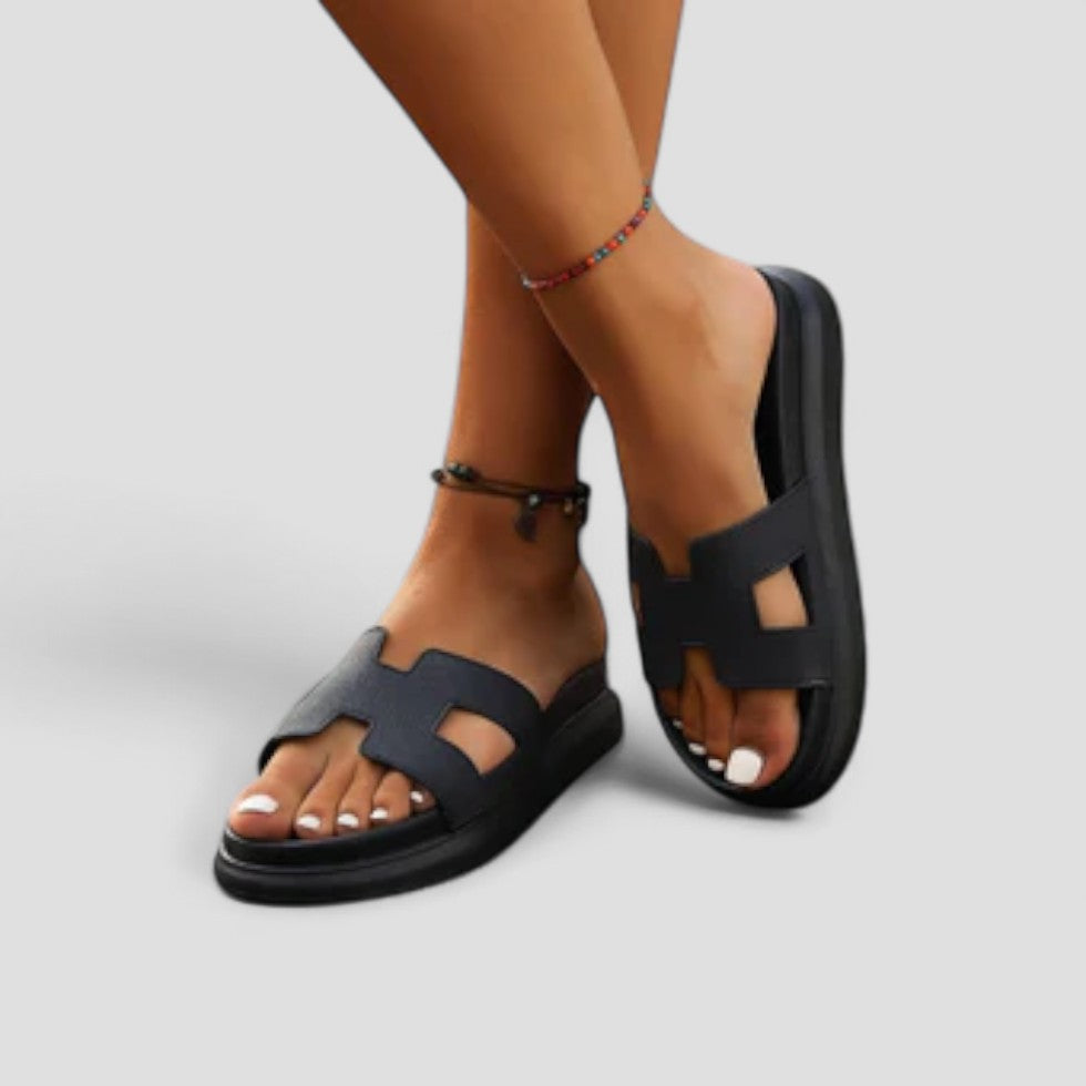 Juniper platform slide sandals styling detail 3