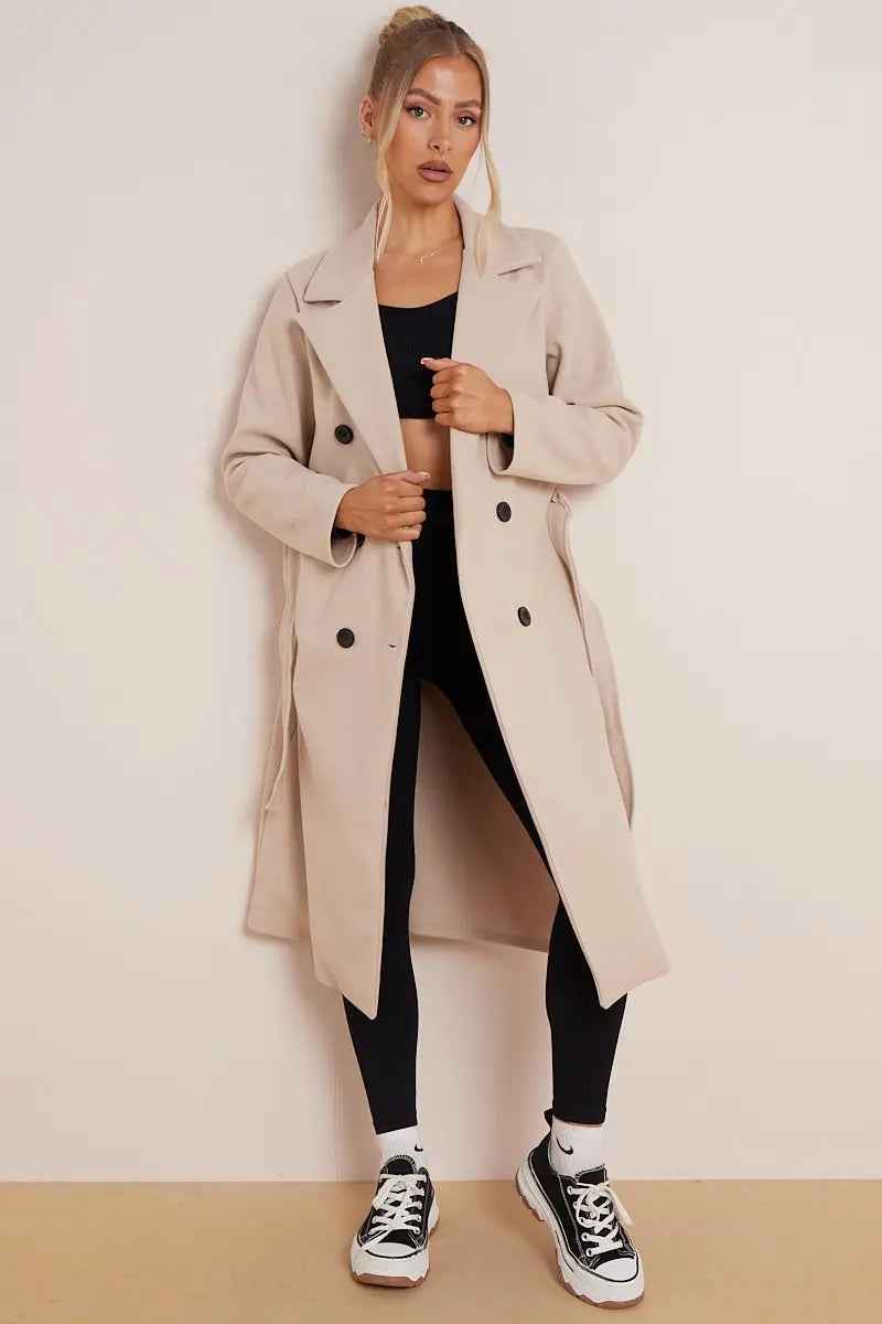Euphemia | Women's Double Breasted Long Coat Beige and Black