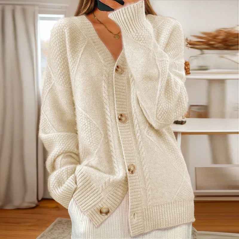 Mathilde | Women's Button-Down V-Neck Cable Knit Cardigan
