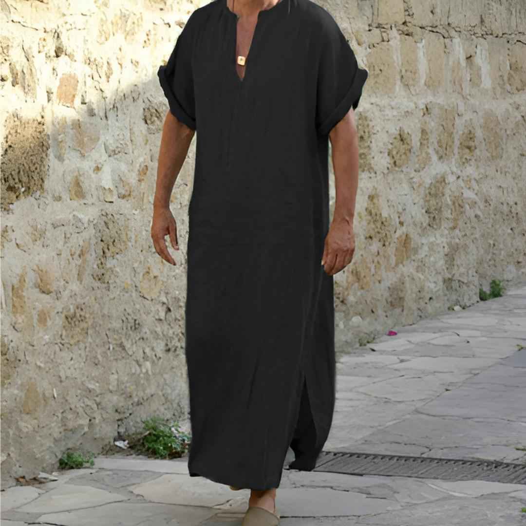 Whitaker | Men's Boho Linen Long Shirt Black V Neck