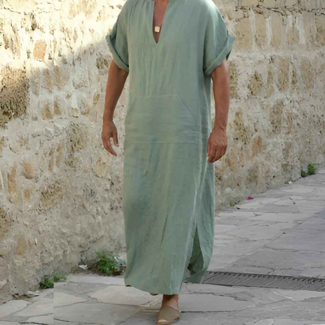 Whitaker | Men's Boho Linen Long Shirt Black V Neck