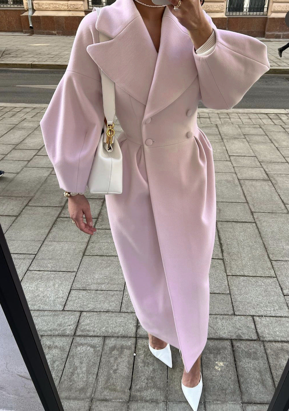 Philippa double breasted long coat in Pink