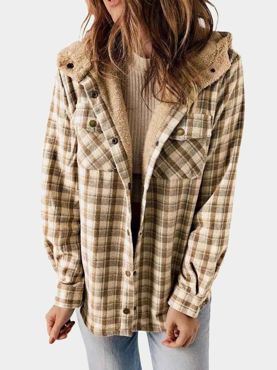 Oriel | Women's Hooded Plaid Jacket with Sherpa Trim