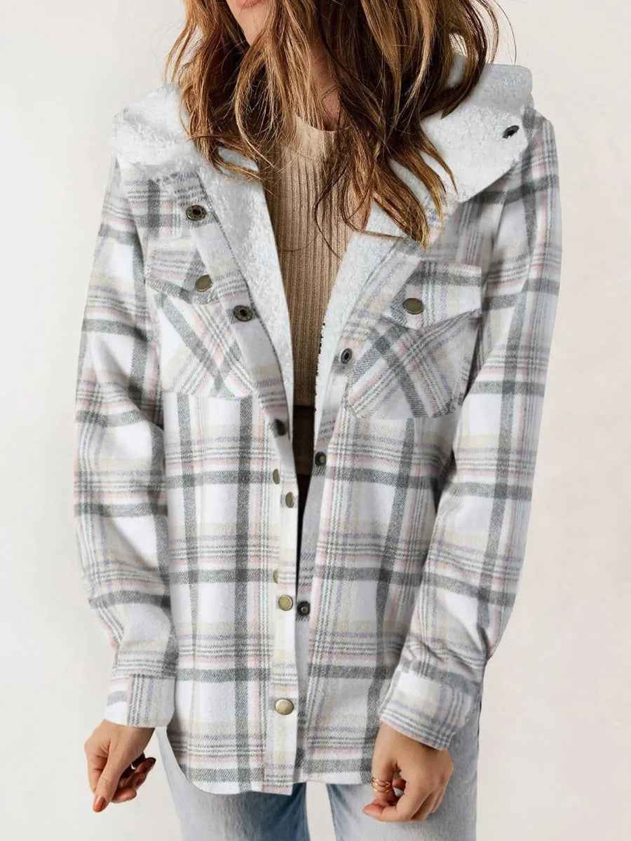 Oriel | Women's Hooded Plaid Jacket with Sherpa Trim