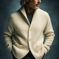 Garrick cable knit cardigan styled detail