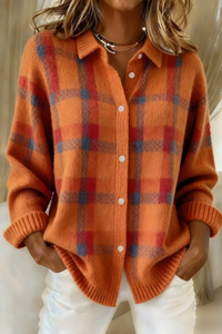 Edwina plaid knit button up cardigan in Orange