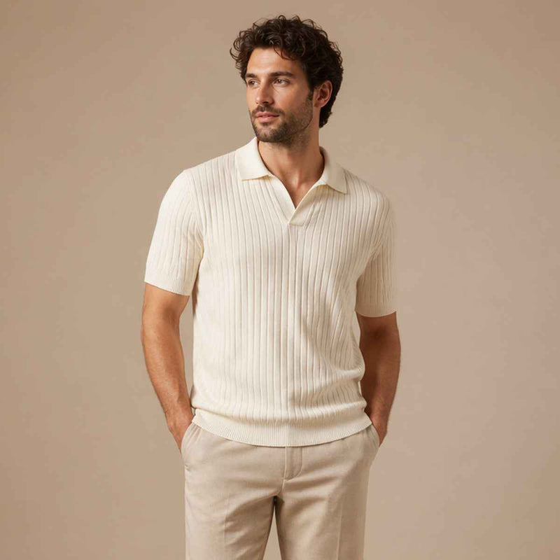 Ambrose | Men's Ribbed Knitted Short Sleeve V-Neck Polo