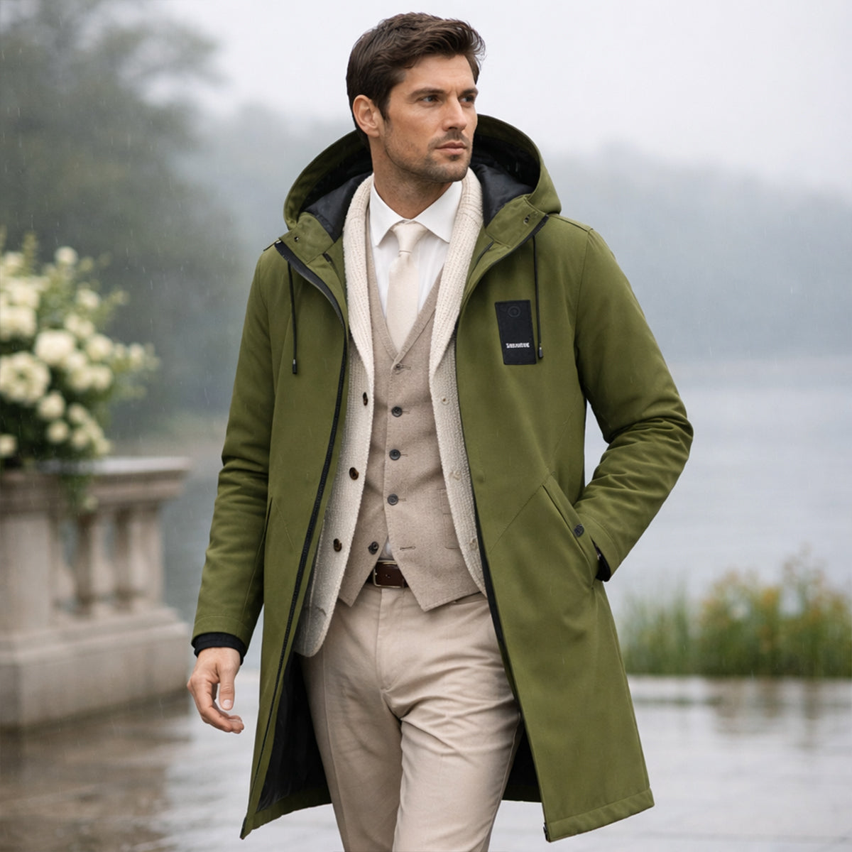 Ellery waterproof long rain jacket in Green
