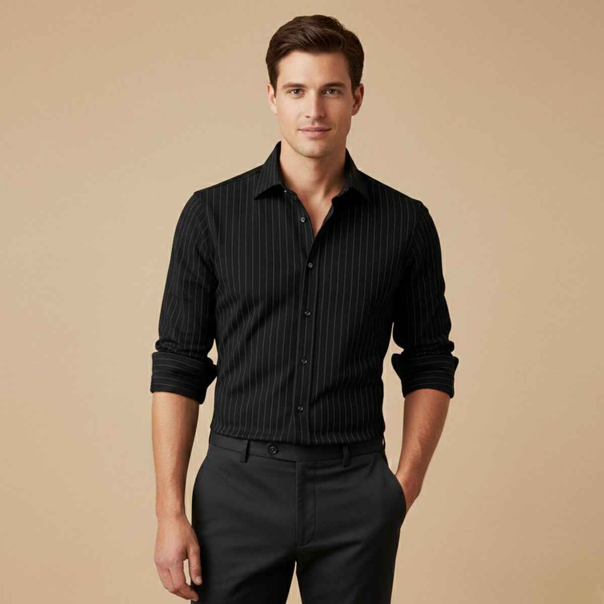 Ellis men's long sleeve pinstripe button-up shirt in Black