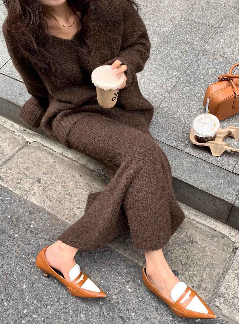 Alessia | Women's V-Neck Knit Jumper and Wide Leg Trousers Set