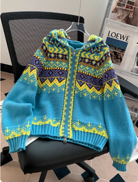 Griselda | Women's Zip-Up Fair Isle Cardigan White and Blue